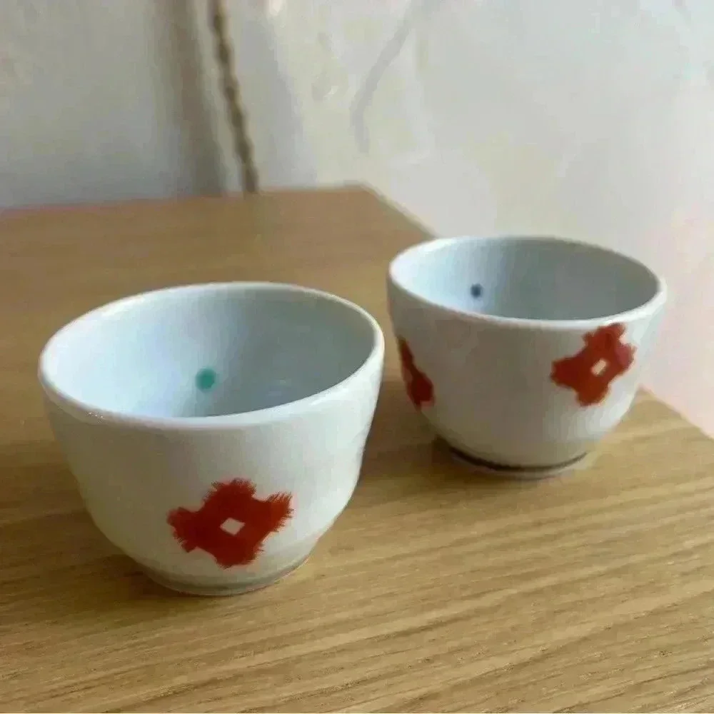 Japanese Sake Cup Sakazuki Chikusen Miura made Tiger Petal 2 pieces Kintsugi - Picture 4 of 8